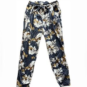 Floral Paper Bag Waist Flowy Crop Pants Grey Brown XS